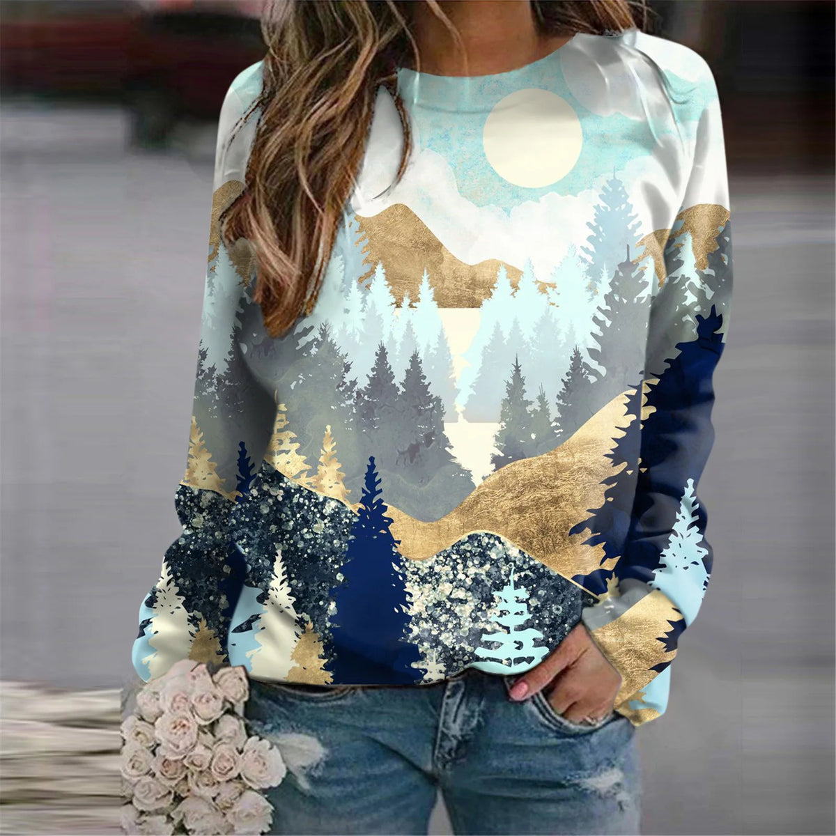 Damen-Sweatshirts mit 3D-Waldmotiv