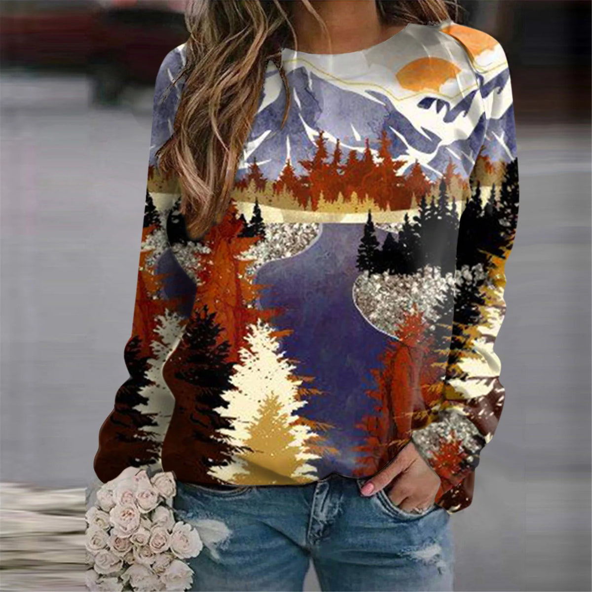 Damen-Sweatshirts mit 3D-Waldmotiv
