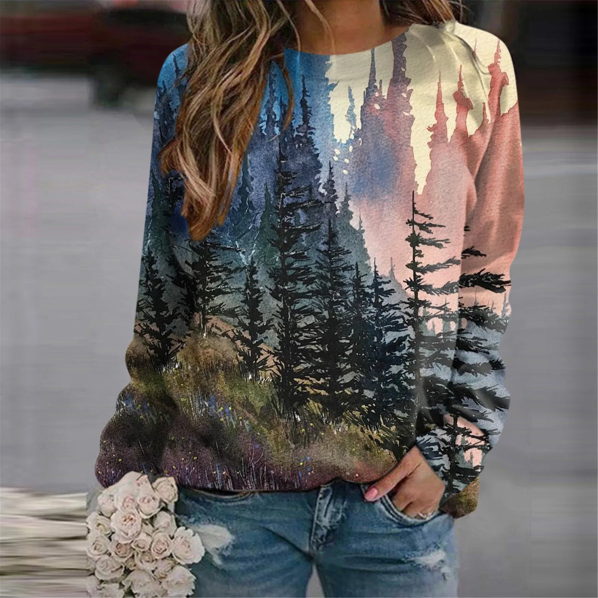Damen-Sweatshirts mit 3D-Waldmotiv