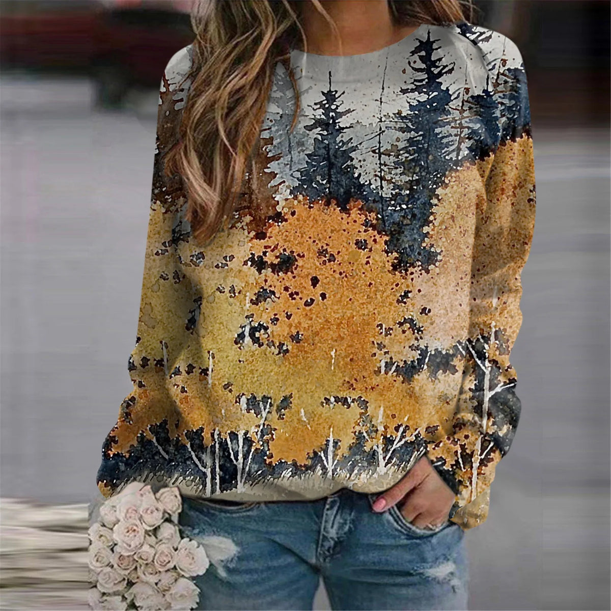 Damen-Sweatshirts mit 3D-Waldmotiv