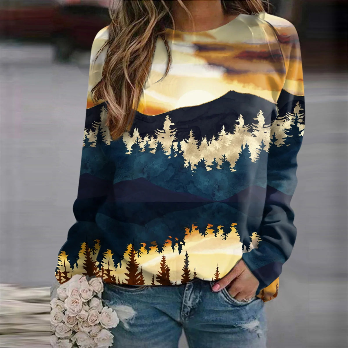 Damen-Sweatshirts mit 3D-Waldmotiv